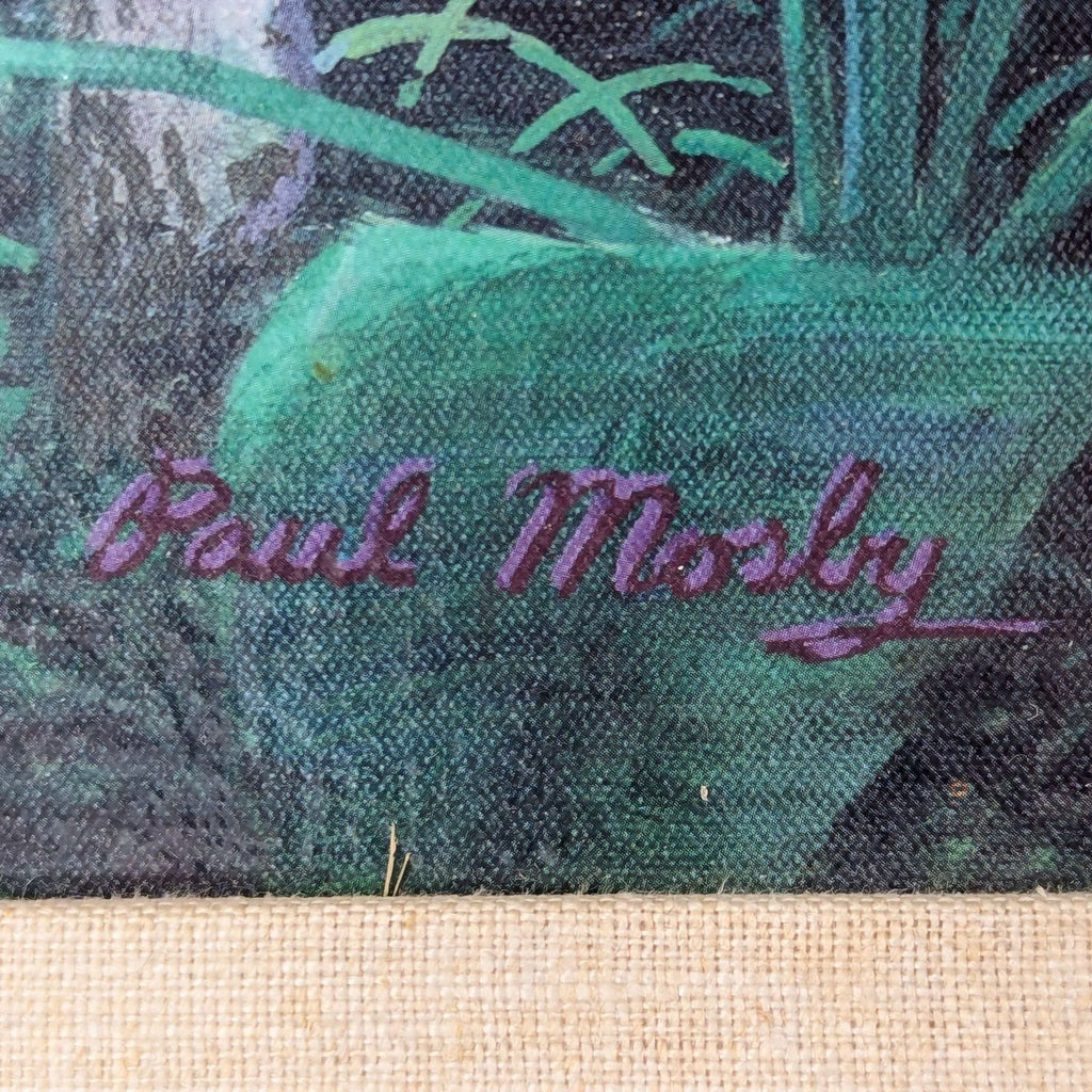 Close-up of Paul Mosby's signature on a tropical-themed painting canvas.