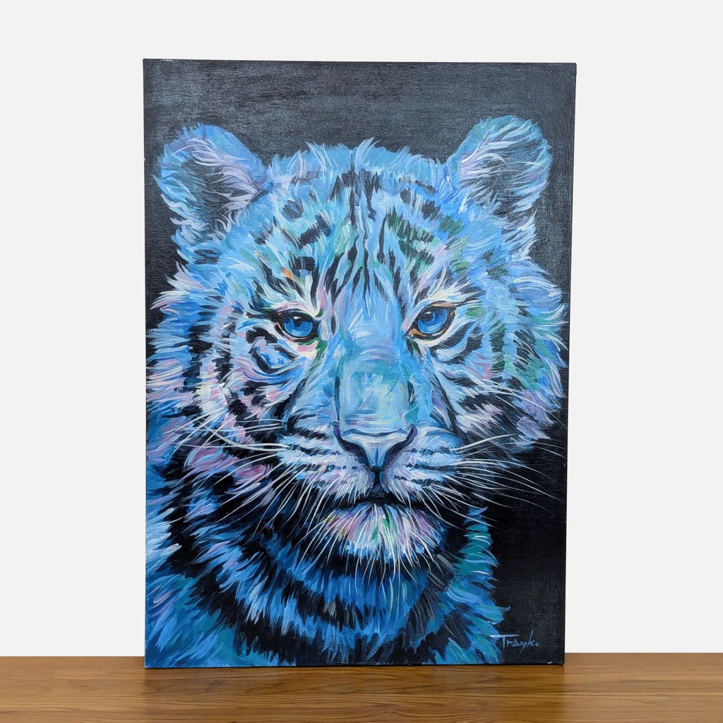 Blue tiger painting on canvas by Trayko Popov, showcasing vivid colors and detailed brushwork.