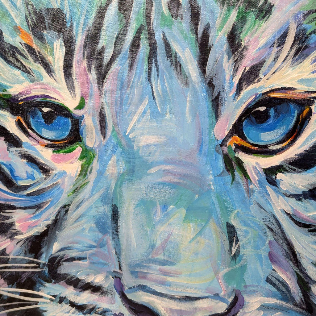 Close-up of a blue tiger's eyes in Trayko Popov's painting, highlighting the intricate details.