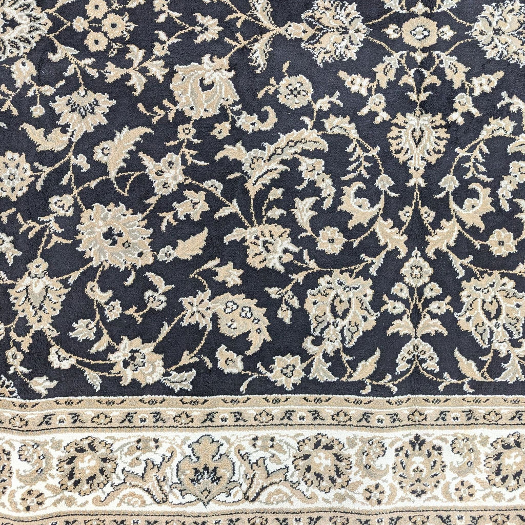 Close-up of floral pattern on black wool rug from Florence Carpet, rich decorative details.