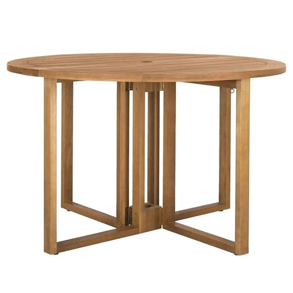 Round eucalyptus wood table with umbrella hole by Safavieh, folds for easy storage.
