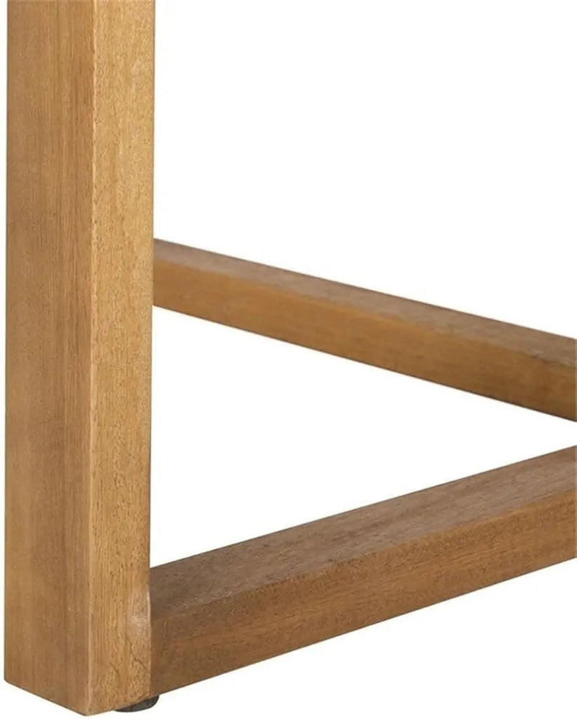 Detail of the base structure of the Safavieh eucalyptus table, showing wood grain and sturdy design.