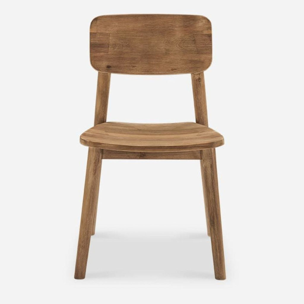 Solid Acacia dining chair in honey tone with distressed finish, front view.