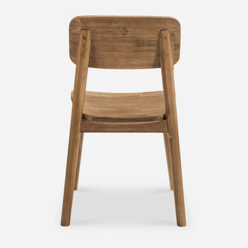 Back view of a wire-brushed solid Acacia dining chair by Castlery.