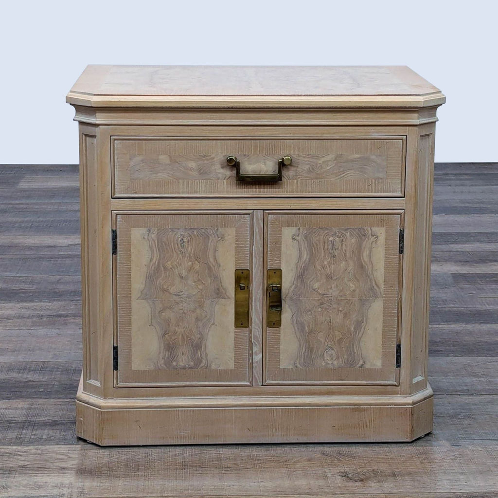 Corinthian bedside cabinet with burl ash wood, featuring one drawer and two doors; one pull missing.
