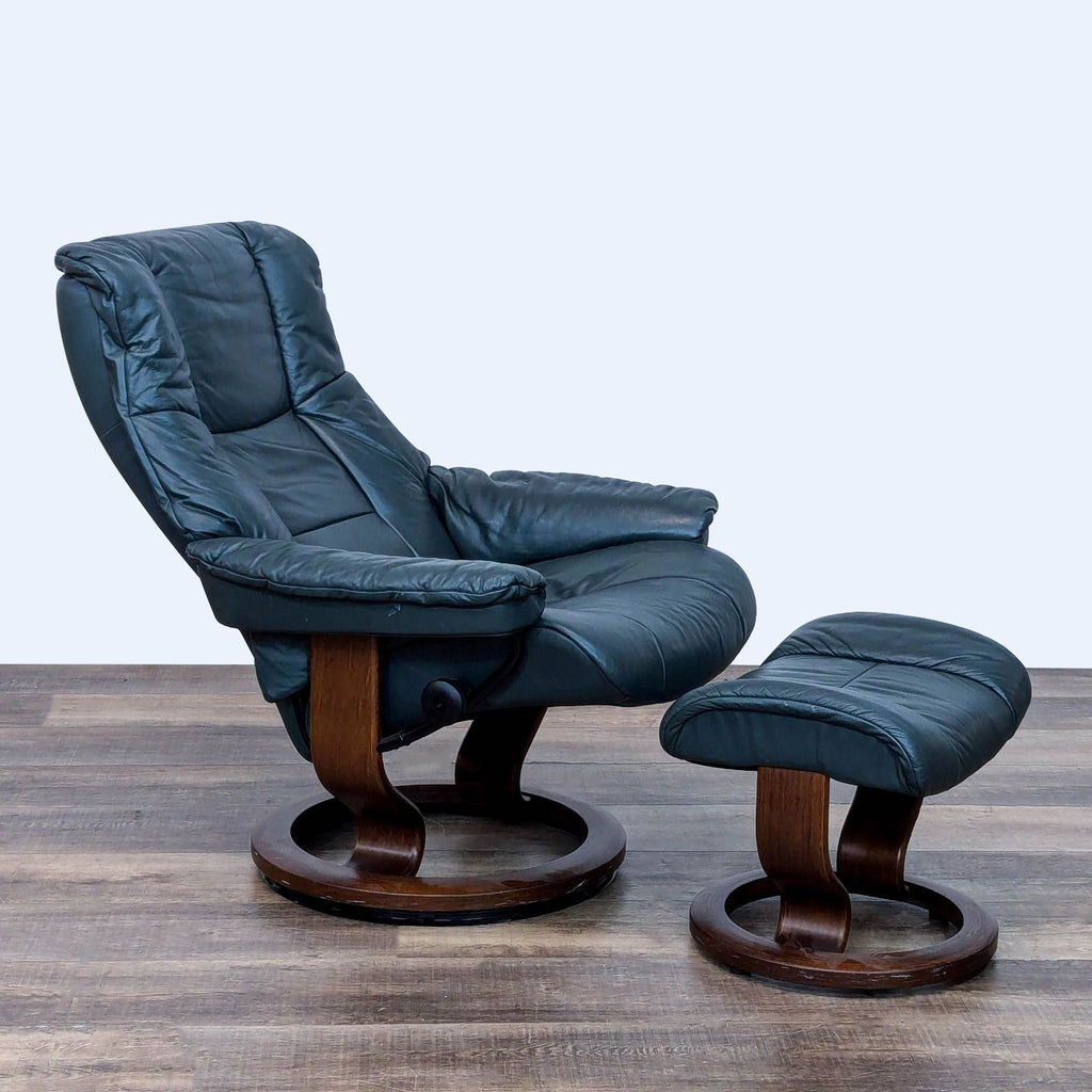 Lounge chair with ottoman on wood floor, Ekornes brand.
