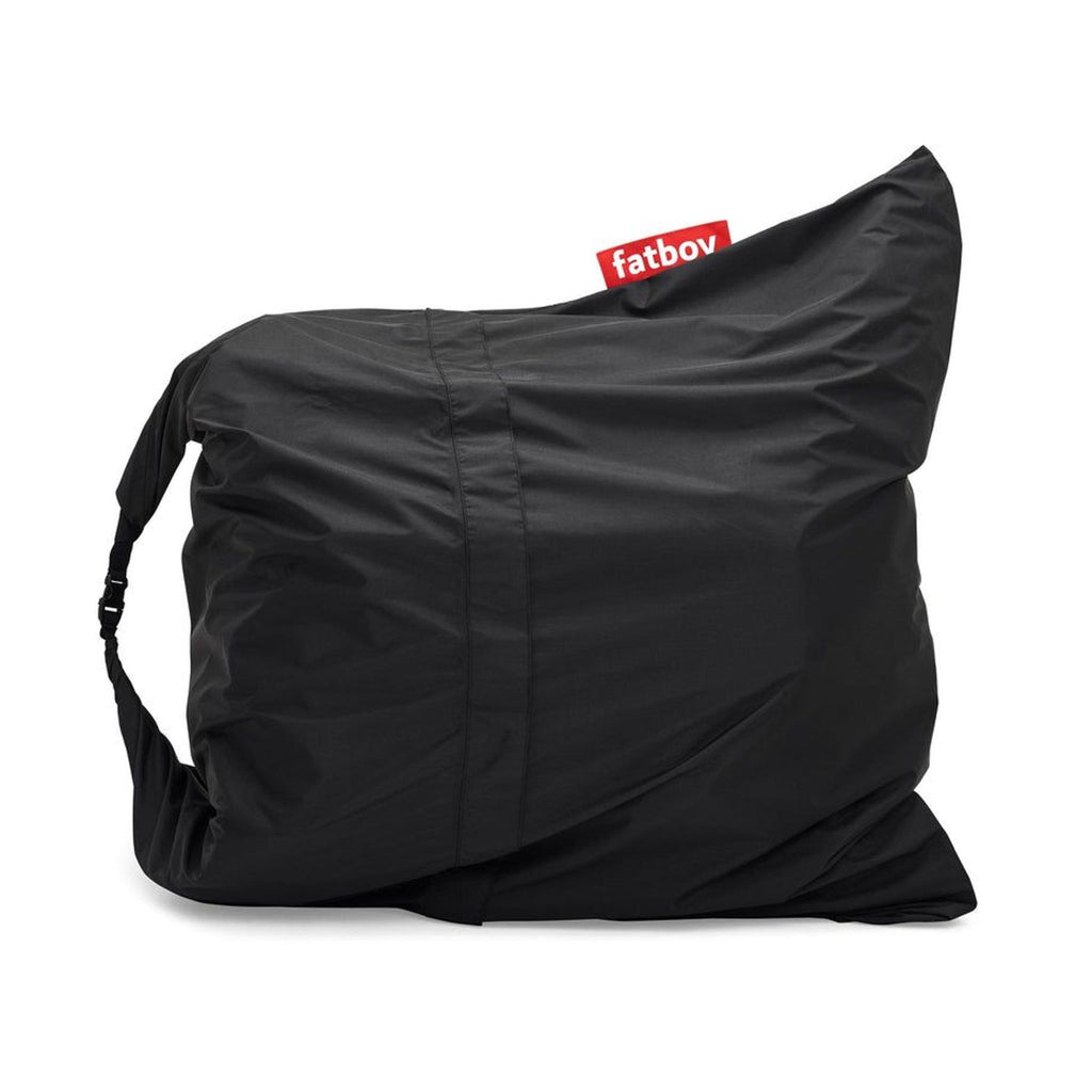 Fatboy moisture-resistant black nylon bean bag with red label.