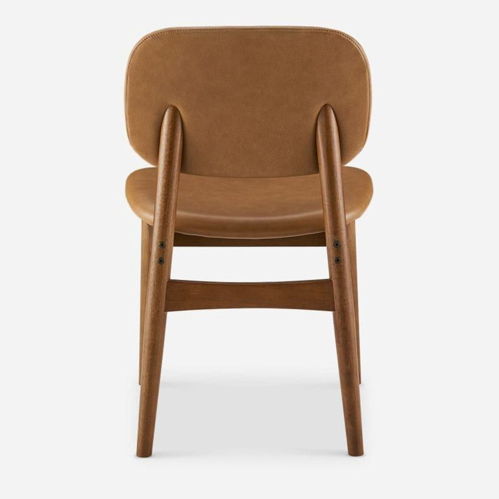 Back view of a dining chair in caramel leather and walnut-stained wood, showcasing sturdy construction.