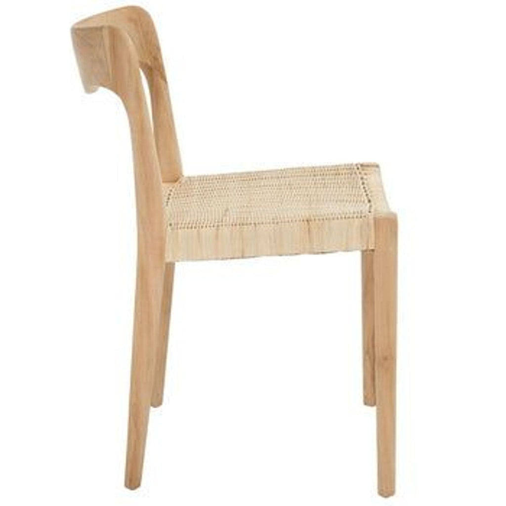 Side view of Safavieh dining chair, highlighting its teak wood frame and wicker seat.