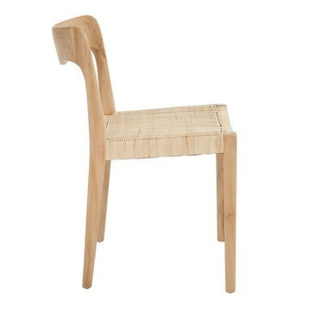 Side view of Safavieh teak chair with wicker seat.