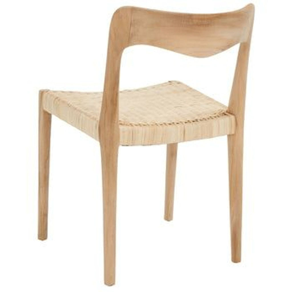 Back view of Safavieh dining chair, featuring solid teak wood and wicker design.