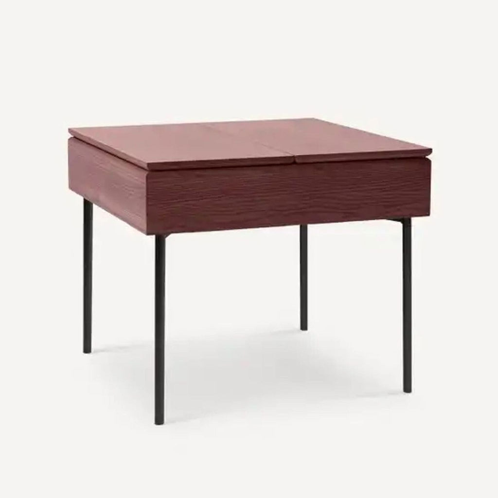 Walnut side table with two lids that serve as trays, featuring sleek black legs.
