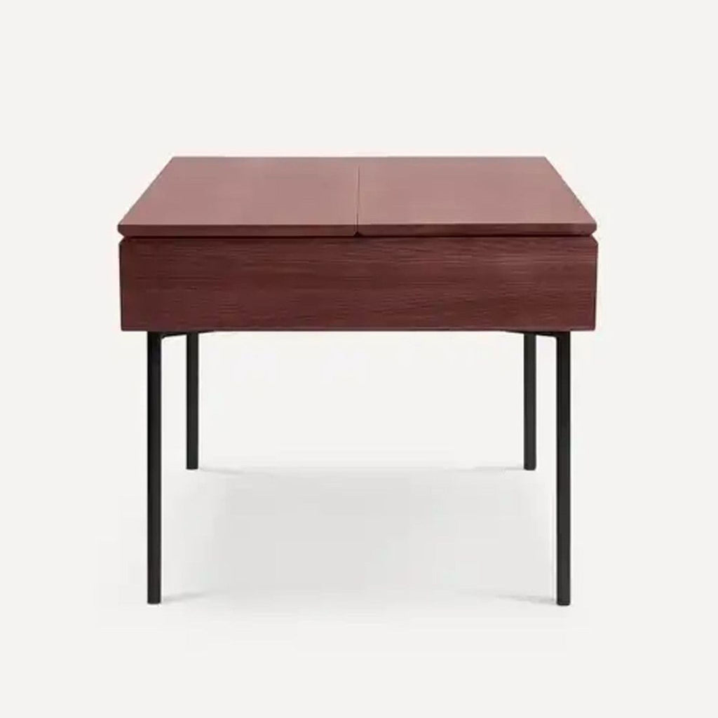 Front view of modern walnut side table with black metal legs, featuring dual lids.