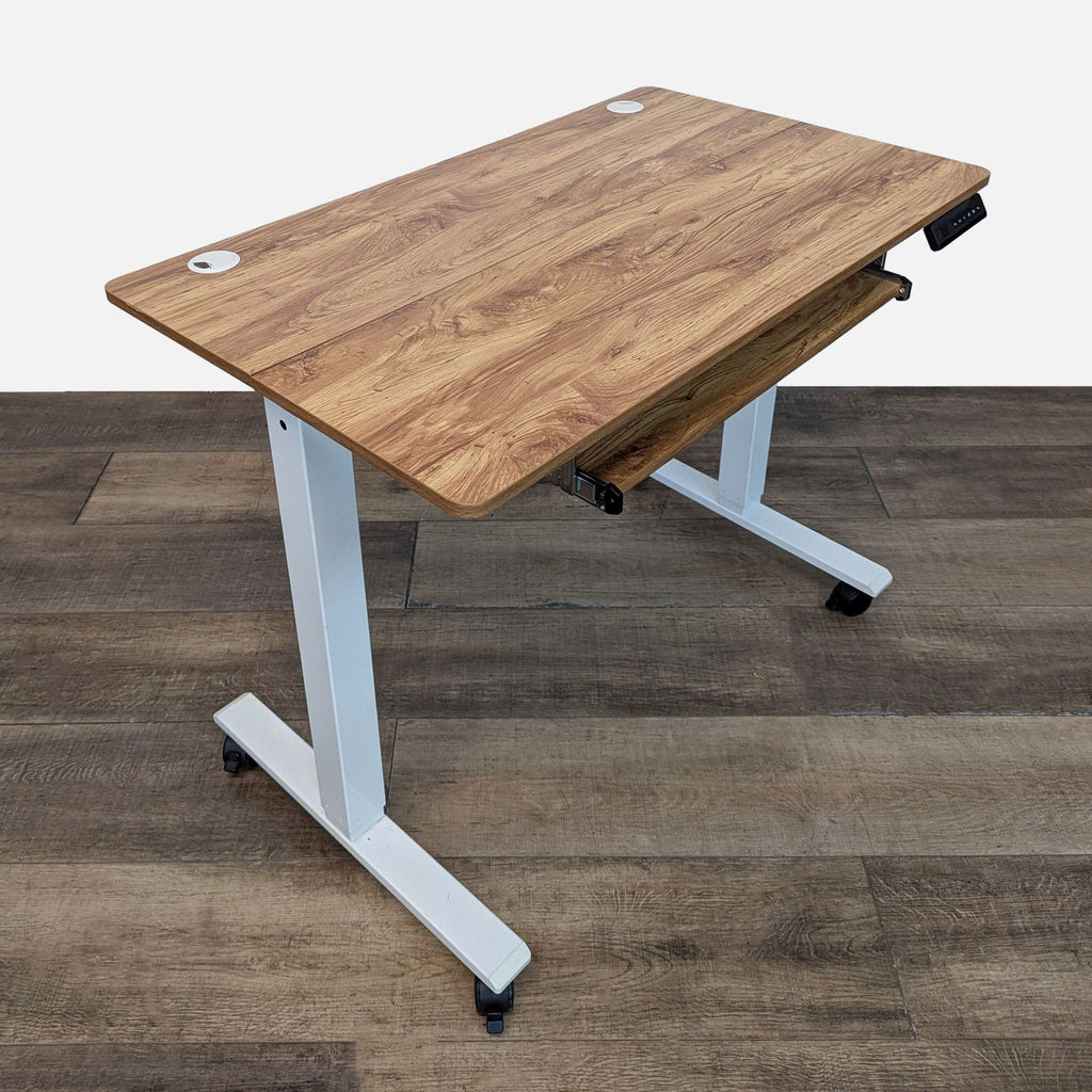 Wood finish desk featuring programmable height and mobility wheels from Reperch.