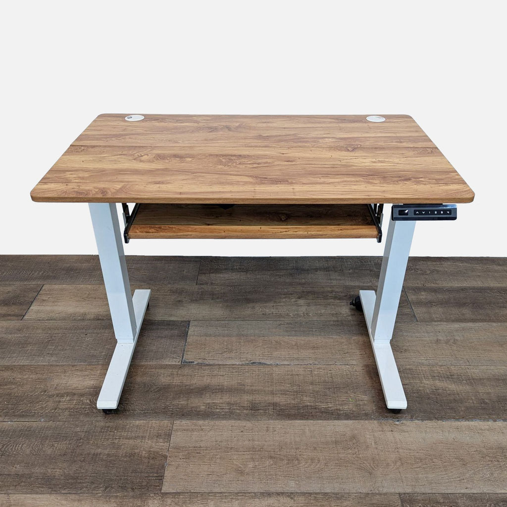 Reperch desk with wood top, adjustable height, and caster wheels.