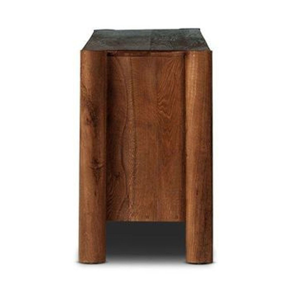 Side view of entertainment center showcasing solid mango wood construction.