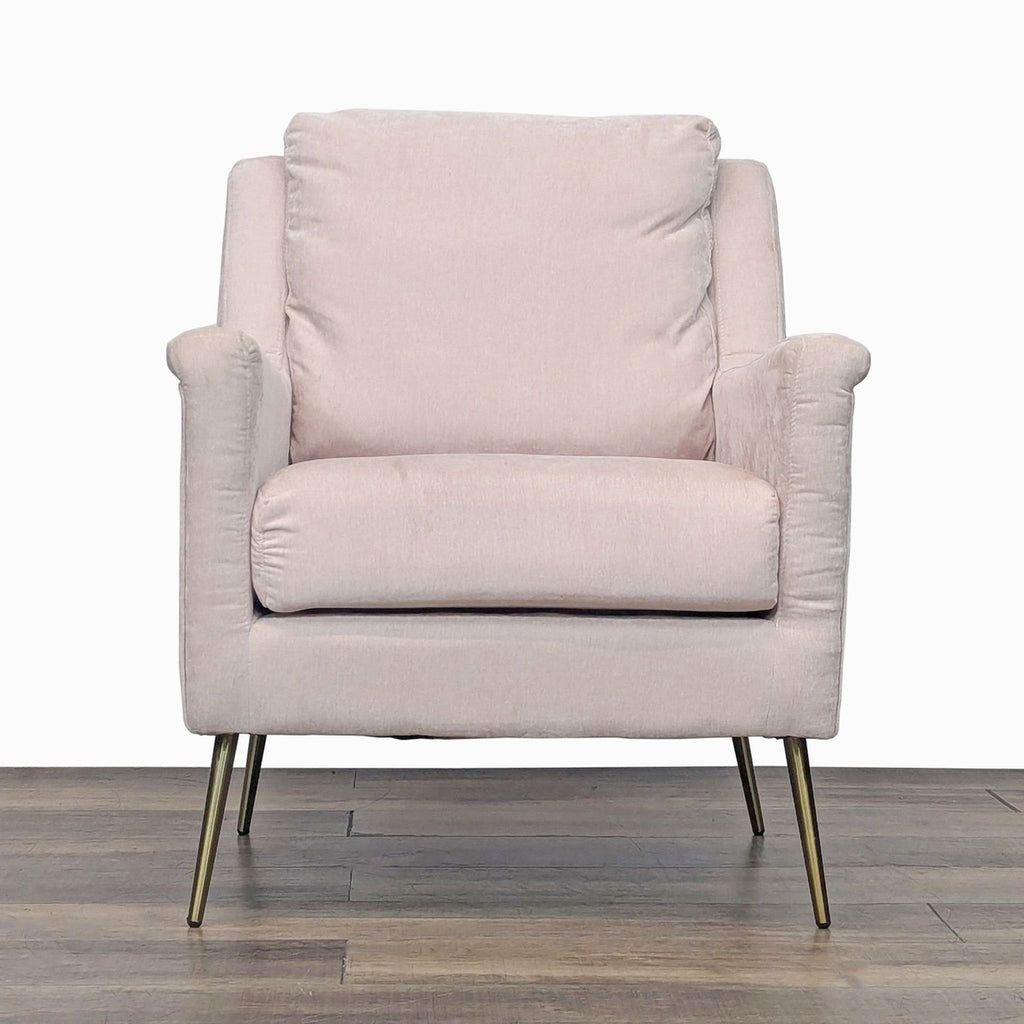 Pale pink velvet lounge chair with gold metal legs, front view.