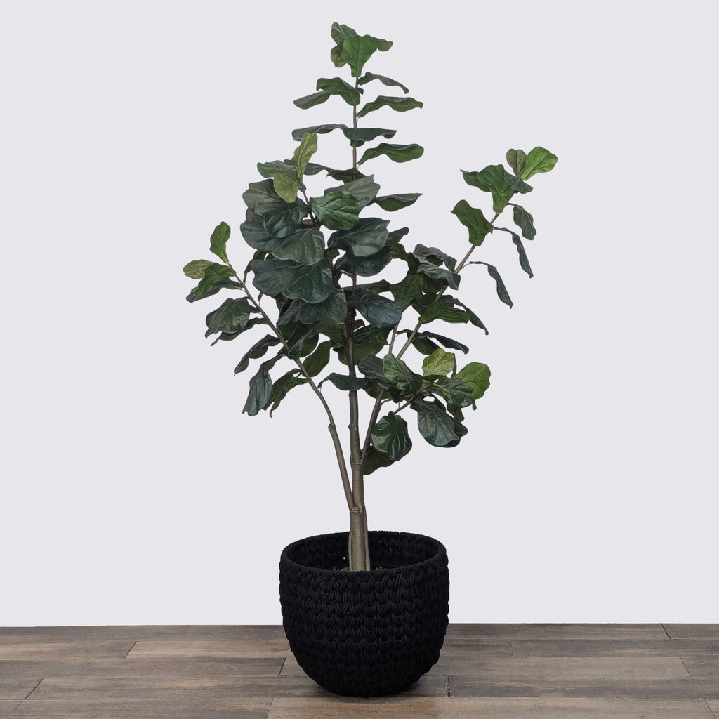 Artificial plant with wavy leaves in a black woven pot on a wooden surface.