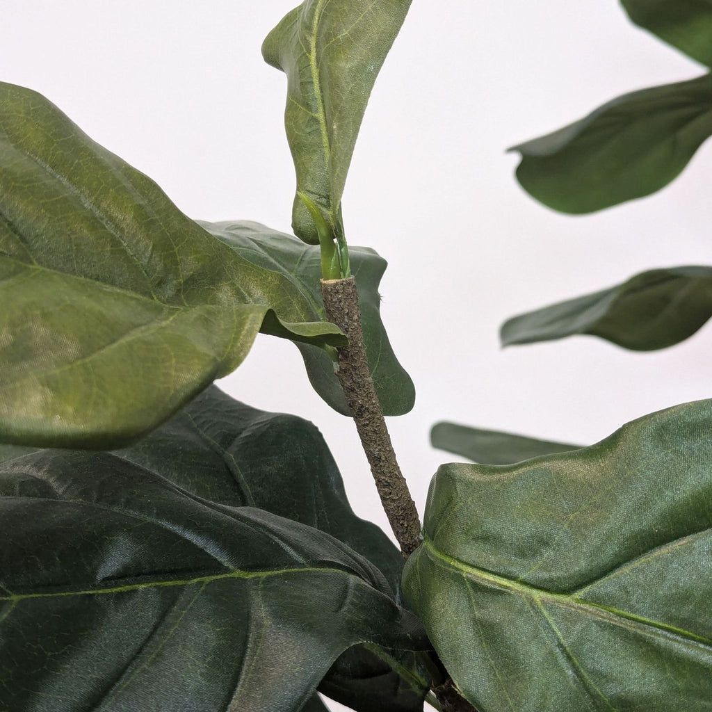 Close-up of dark green artificial leaves with visible texture against a light background.
