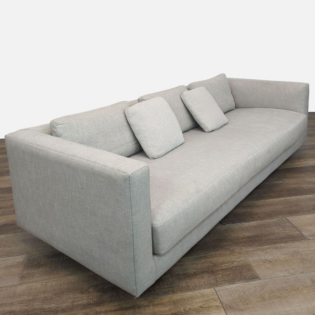 Blu Dot 3-seat sofa with single bench cushion in textured Landa Stone fabric and track arms.