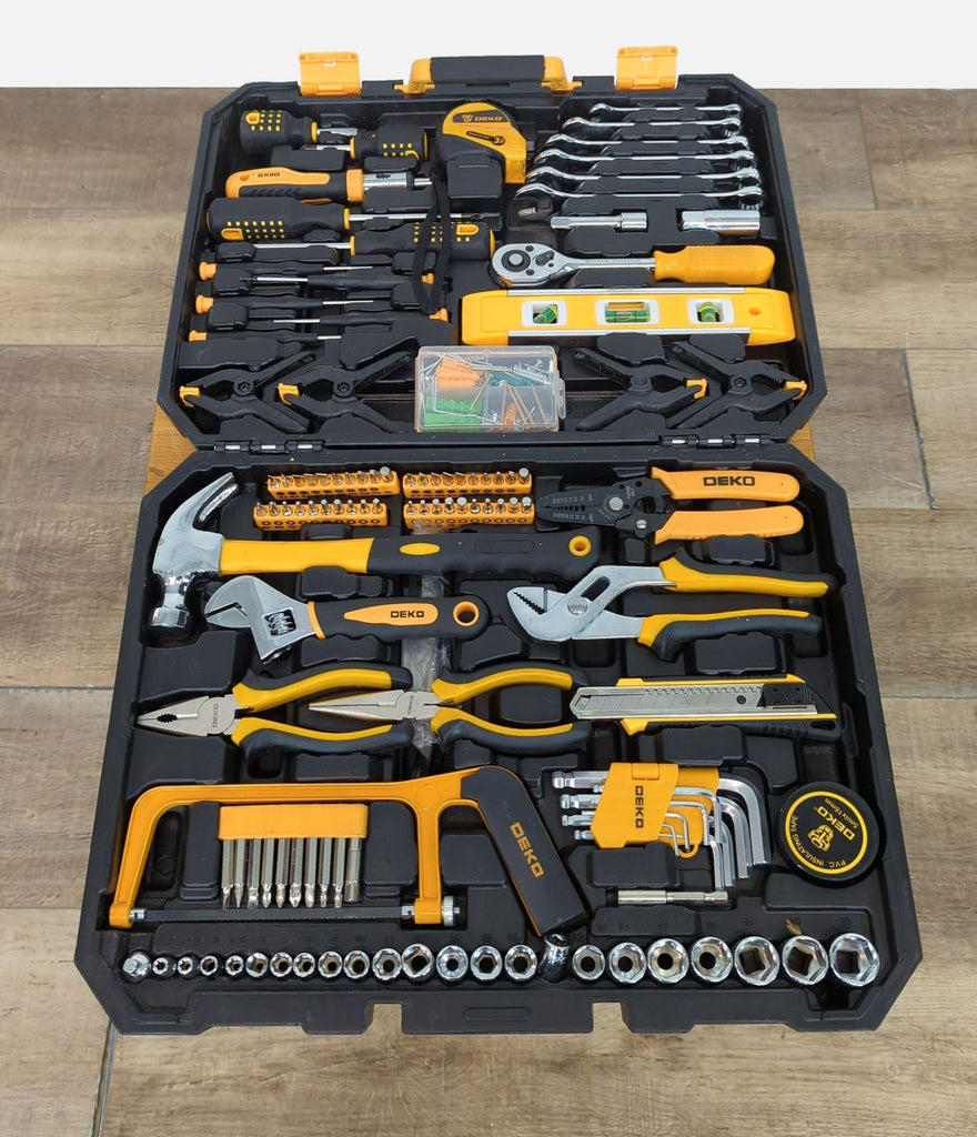 DEKO 168-piece tool set with screwdrivers, pliers, and wrenches in a sturdy case for versatile projects.
