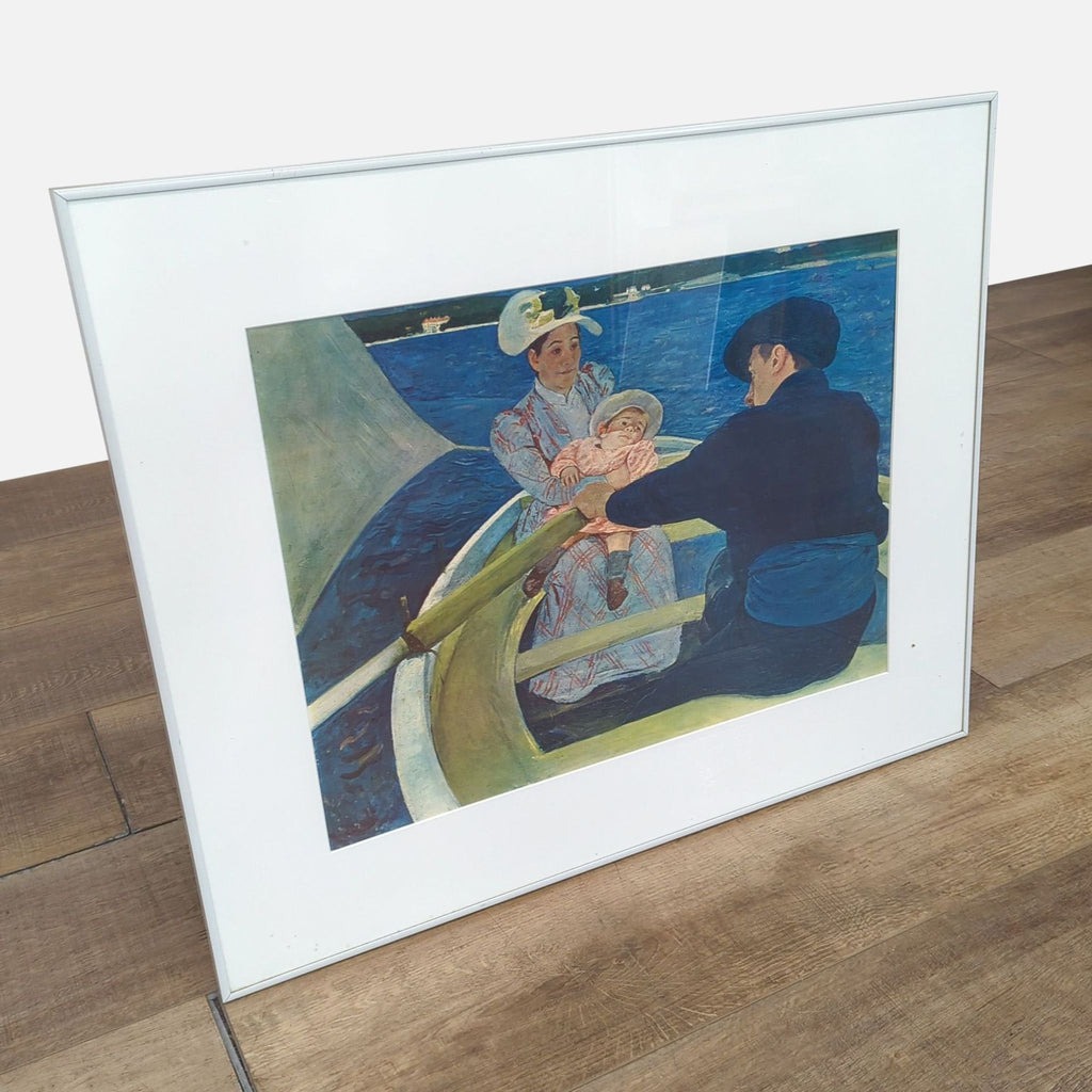 Side angle of framed "The Boating Party" by Mary Cassatt on display.