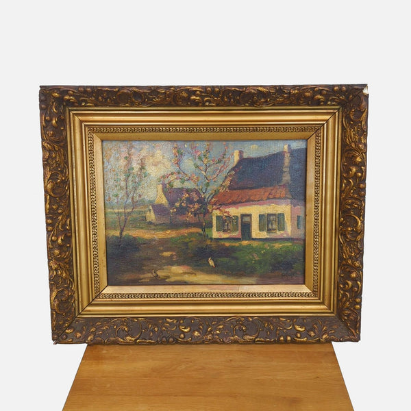 Oil painting of countryside cottage in ornate gold frame by Reperch.