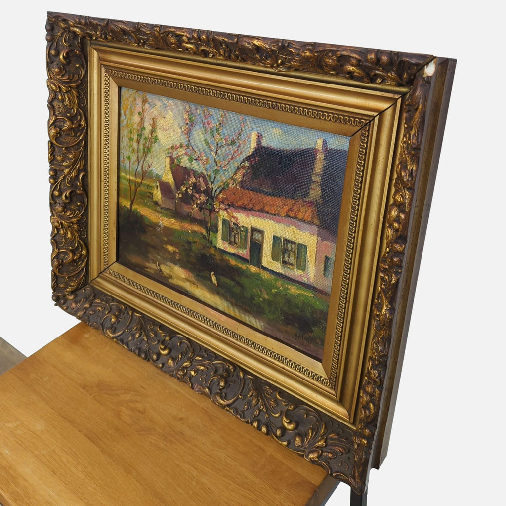 Vintage Cottage Oil Painting in Ornate Frame