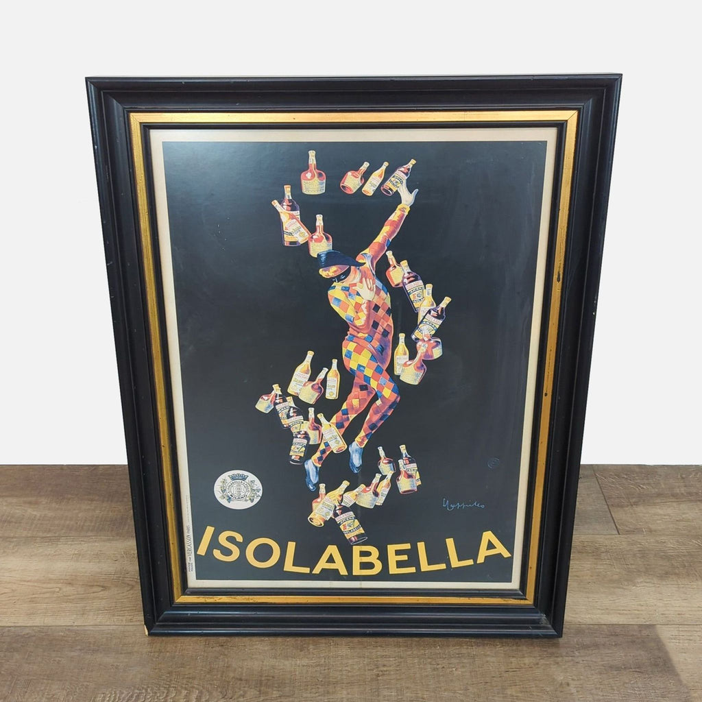 Framed Isolabella print by Leonetto Cappiello, featuring a vibrant harlequin with bottles.