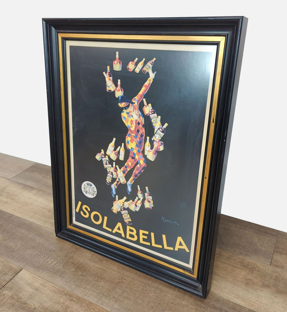 Colorful Leonetto Cappiello print, with a harlequin surrounded by bottles, titled Isolabella.