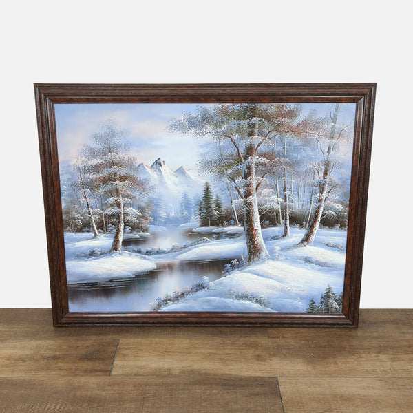 3D oil painting of snow-laden trees by a river with mountains.