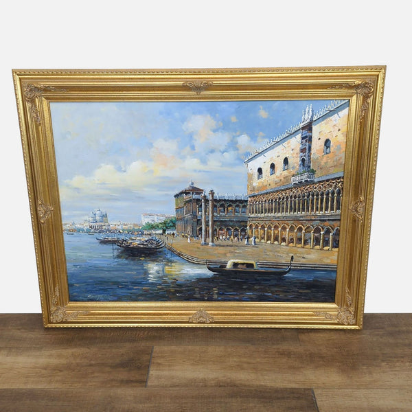 Gondolas by Doge Palace in Venice, oil painting with ornate gold frame by Reperch.