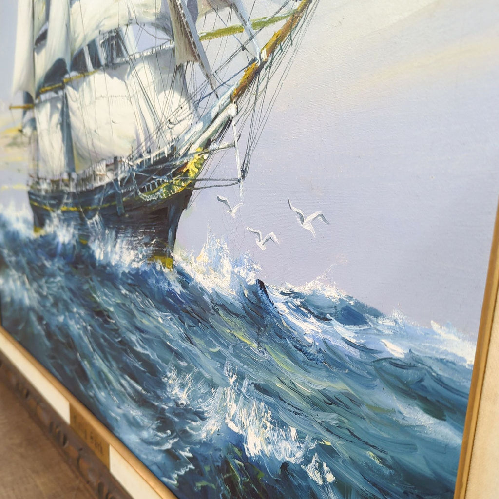 Close-up of the Cutty Sark painting showing the ship's detailed rigging and ocean waves.