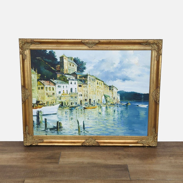 Oil painting of Portofino harbor in ornate gold frame from Reperch.  