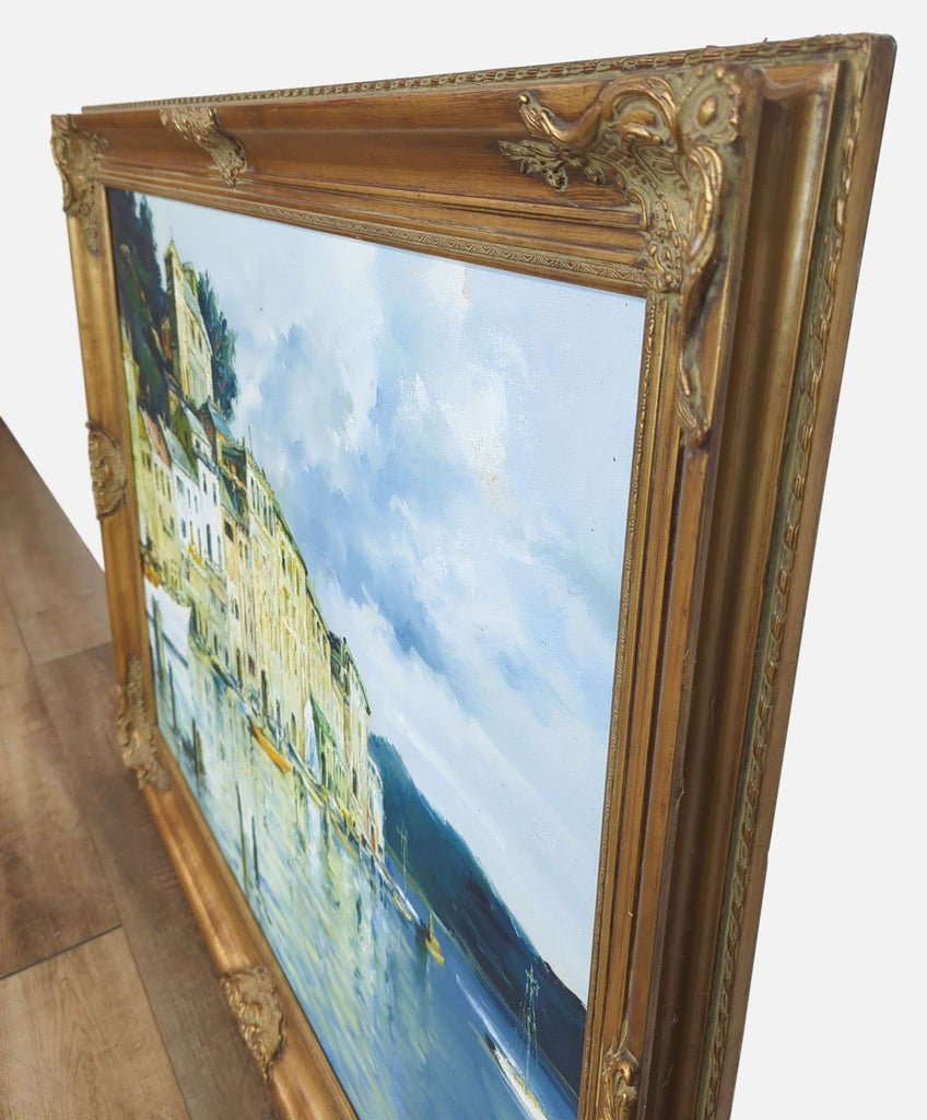 Portofino harbor scene in elegant gold frame, oil painting by Reperch.  