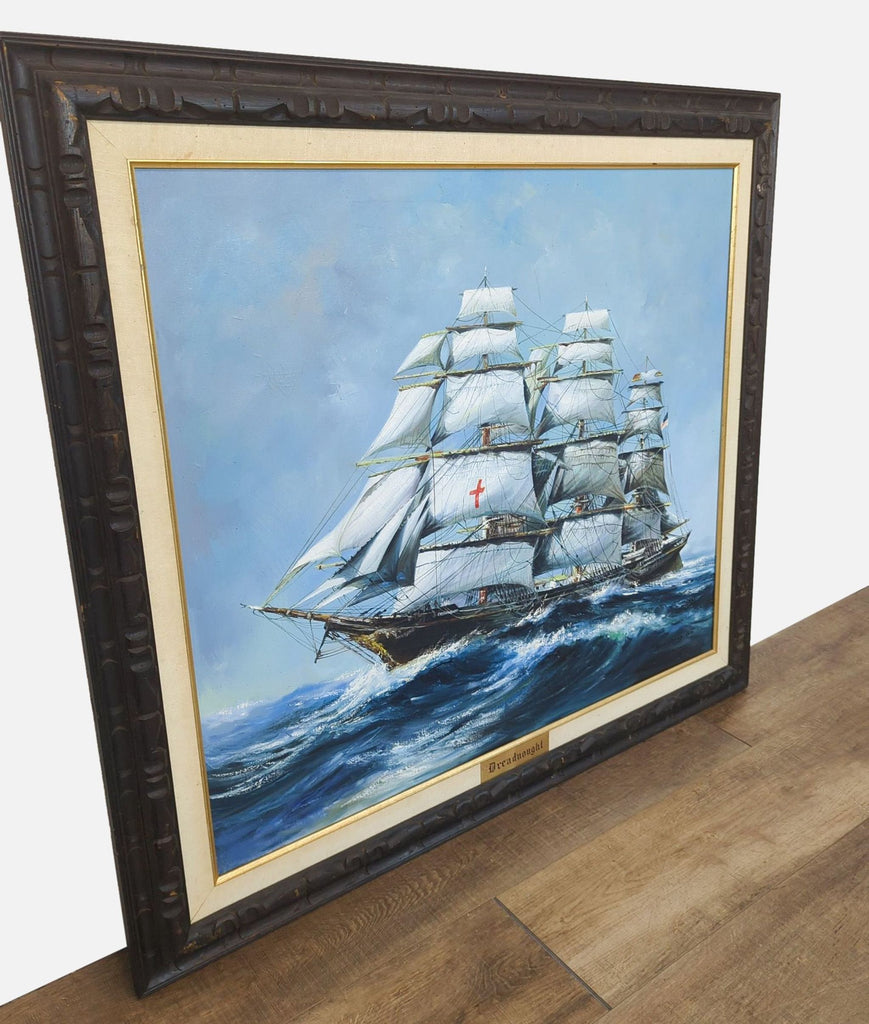 Ornately framed painting of "Dreadnought" clipper ship at sea, featuring engraved brass nameplate.