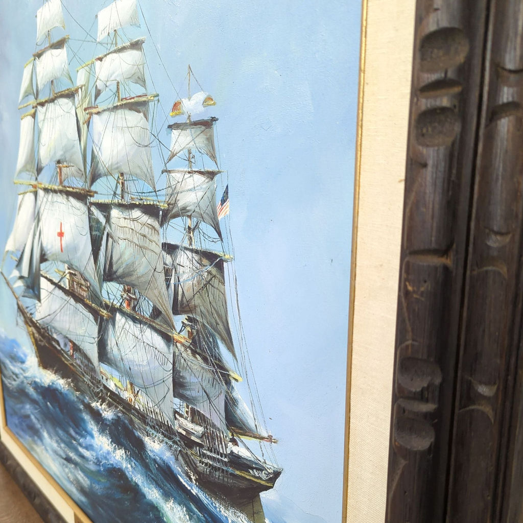 Clipper ship "Dreadnought" sailing, painting by Reperch, framed with ornate wood and brass plate.