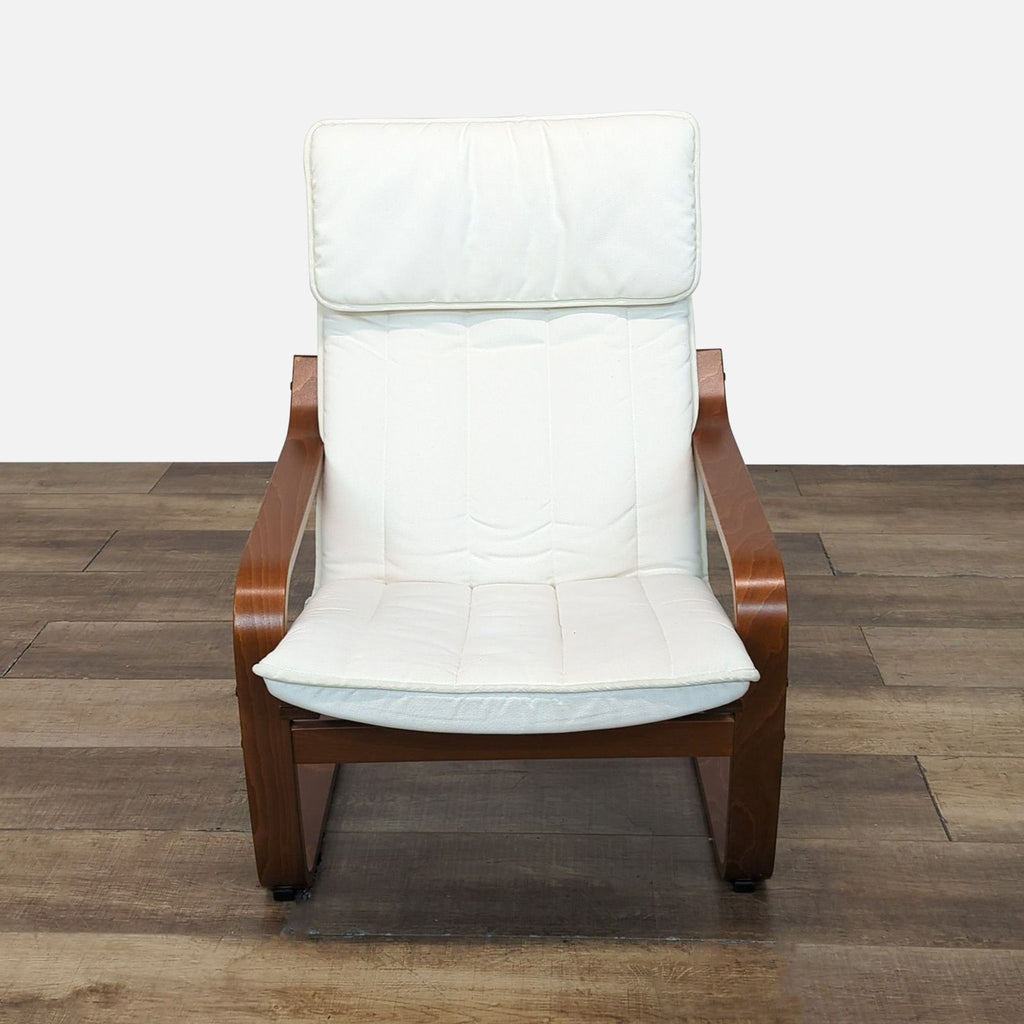 IKEA POÄNG lounge chair with white cushion and wooden frame, front view.