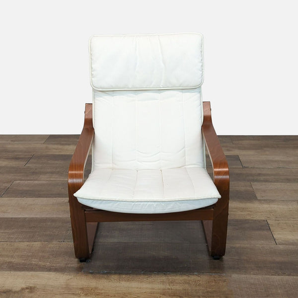 IKEA POÄNG lounge chair with white cushion and wooden frame, front view.