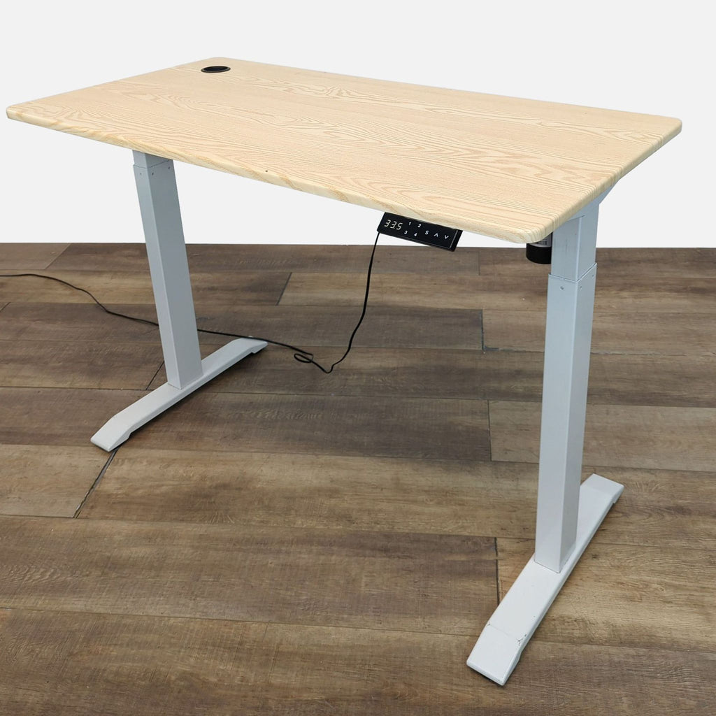Standing desk, natural wood top, adjustable height, four settings, from Reperch.