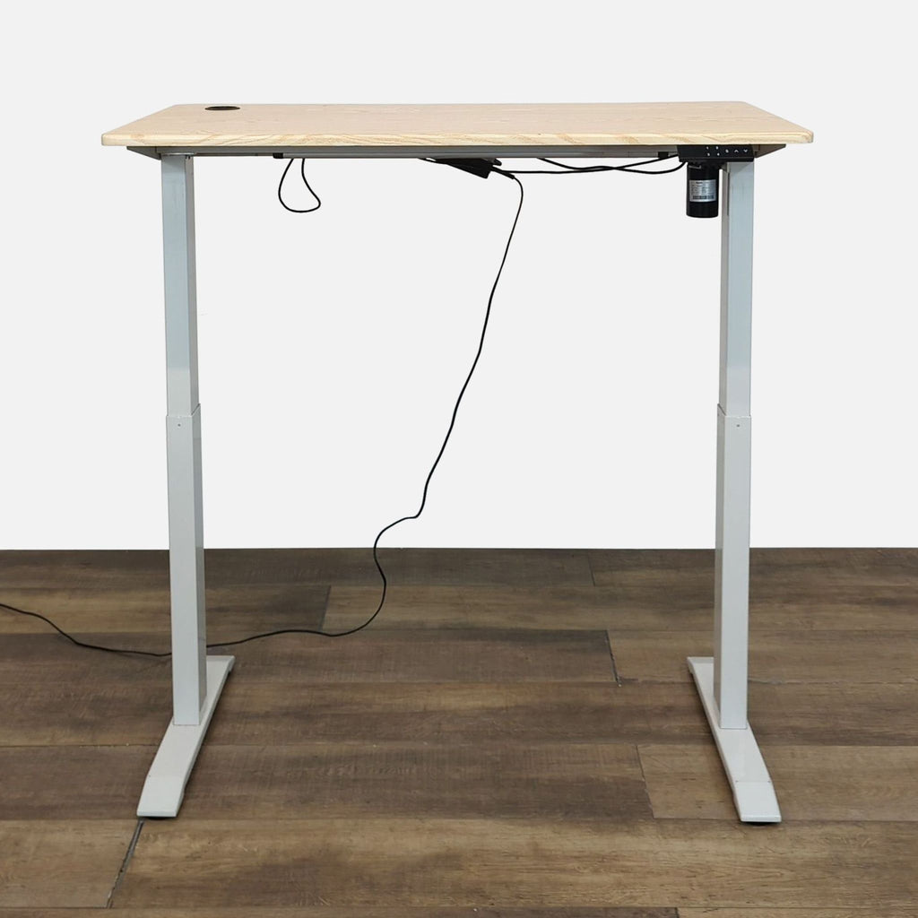 Reperch adjustable desk, wood veneer top, natural finish, programmable height.
