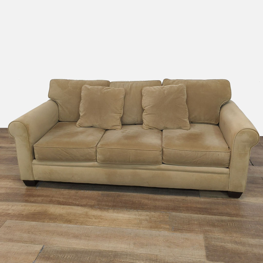 Reperch 3-seat sofa with rolled arms and microfiber fabric.