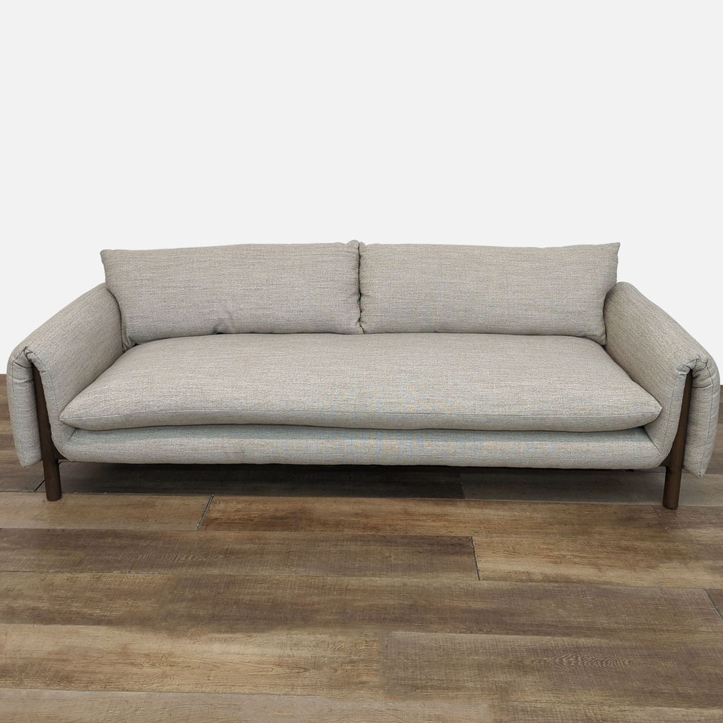 Reperch 3-seat sofa with wide wrap arms and slim wooden legs, upholstered in soft poly/linen blend.