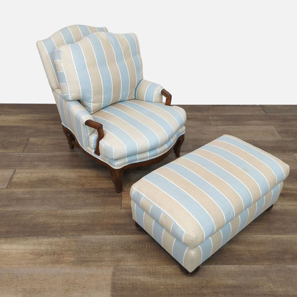 Striped lounge chair and ottoman set with plush cushioning and wood accents.