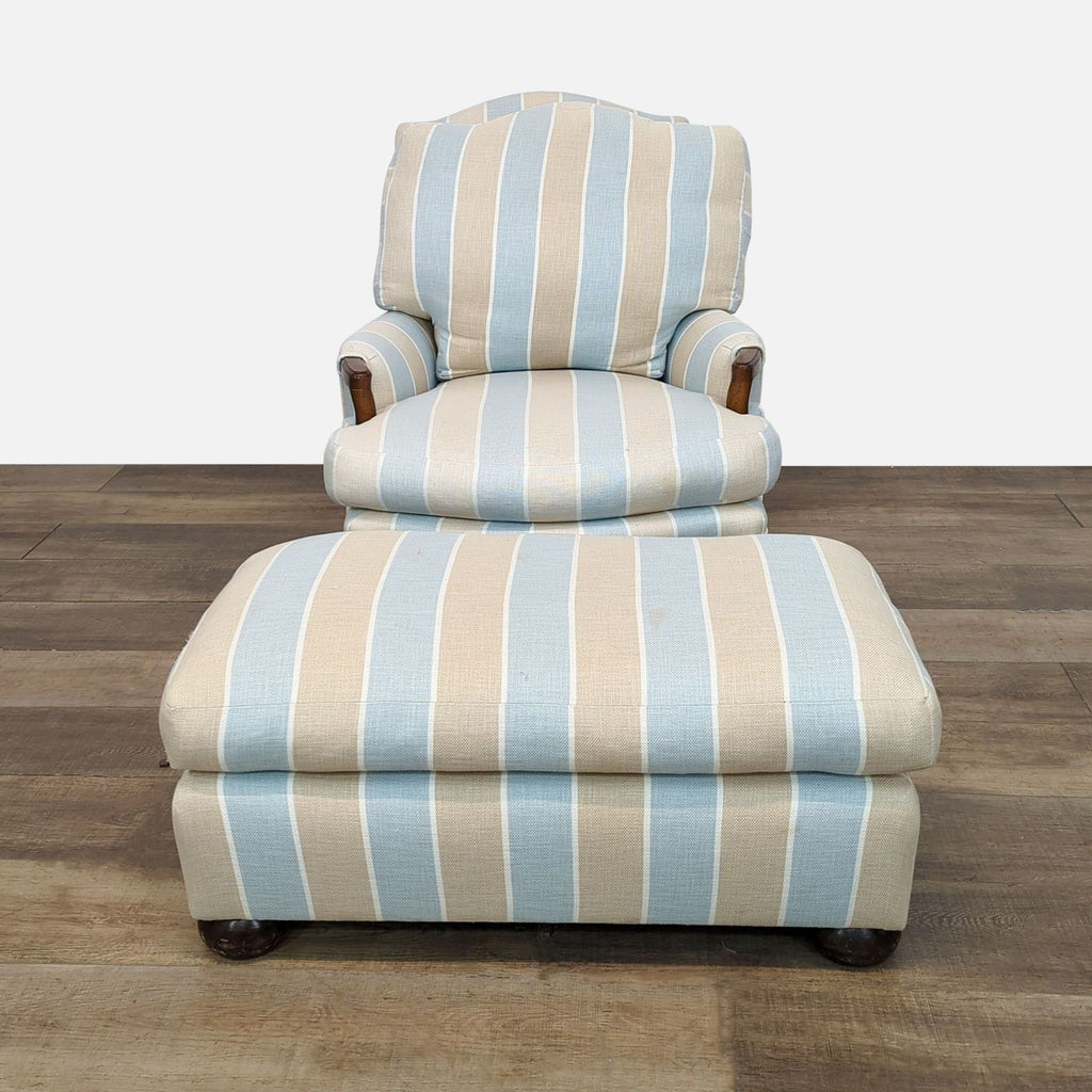 Reperch lounge chair with striped upholstery and wood trim.