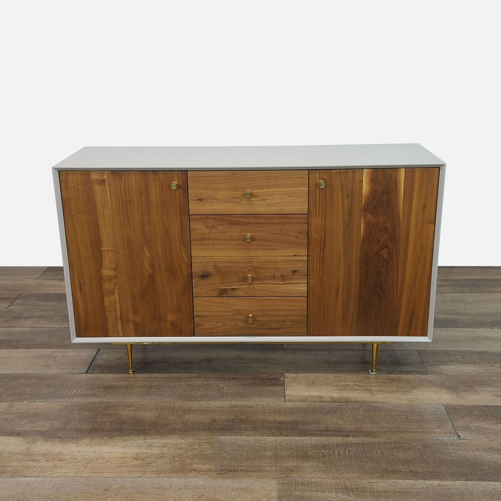Mid-century walnut credenza with brass legs, featuring 4 drawers and interior shelving.