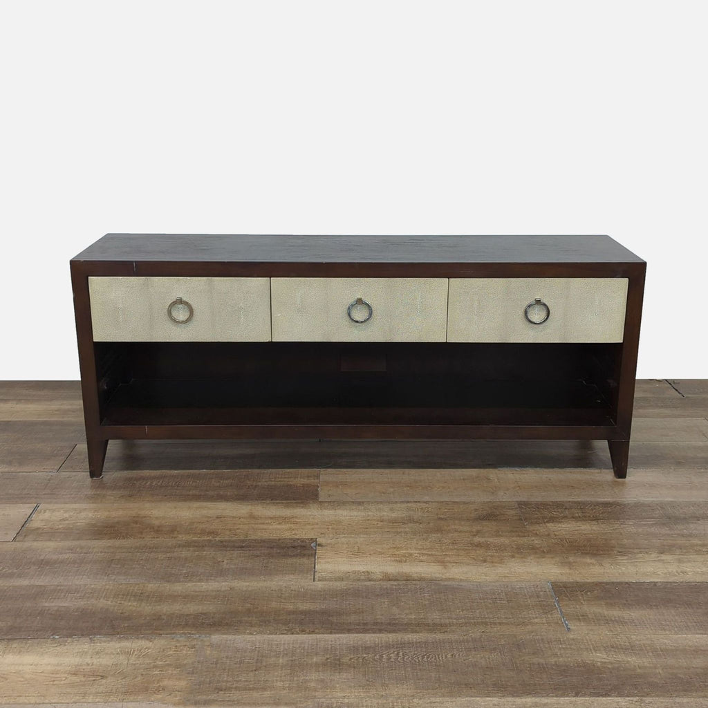 Shagreen-covered sideboard with drawers, metal hardware, and missing bottom shelf.
