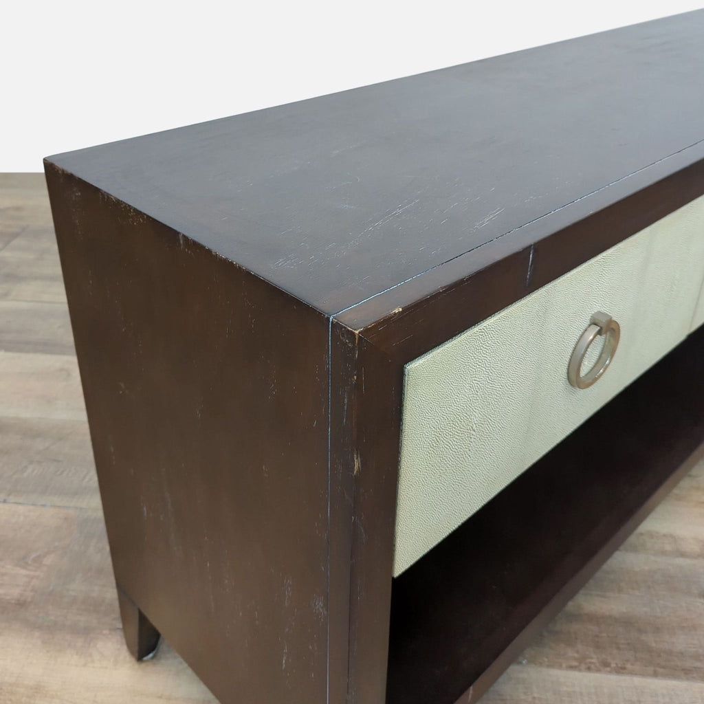 Close-up of Lillian August sideboard showing shagreen texture and missing bottom shelf.