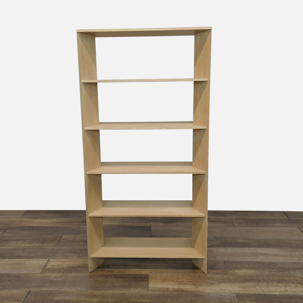 Five-shelf oak bookshelf with subtle ivory finish and sturdy construction.