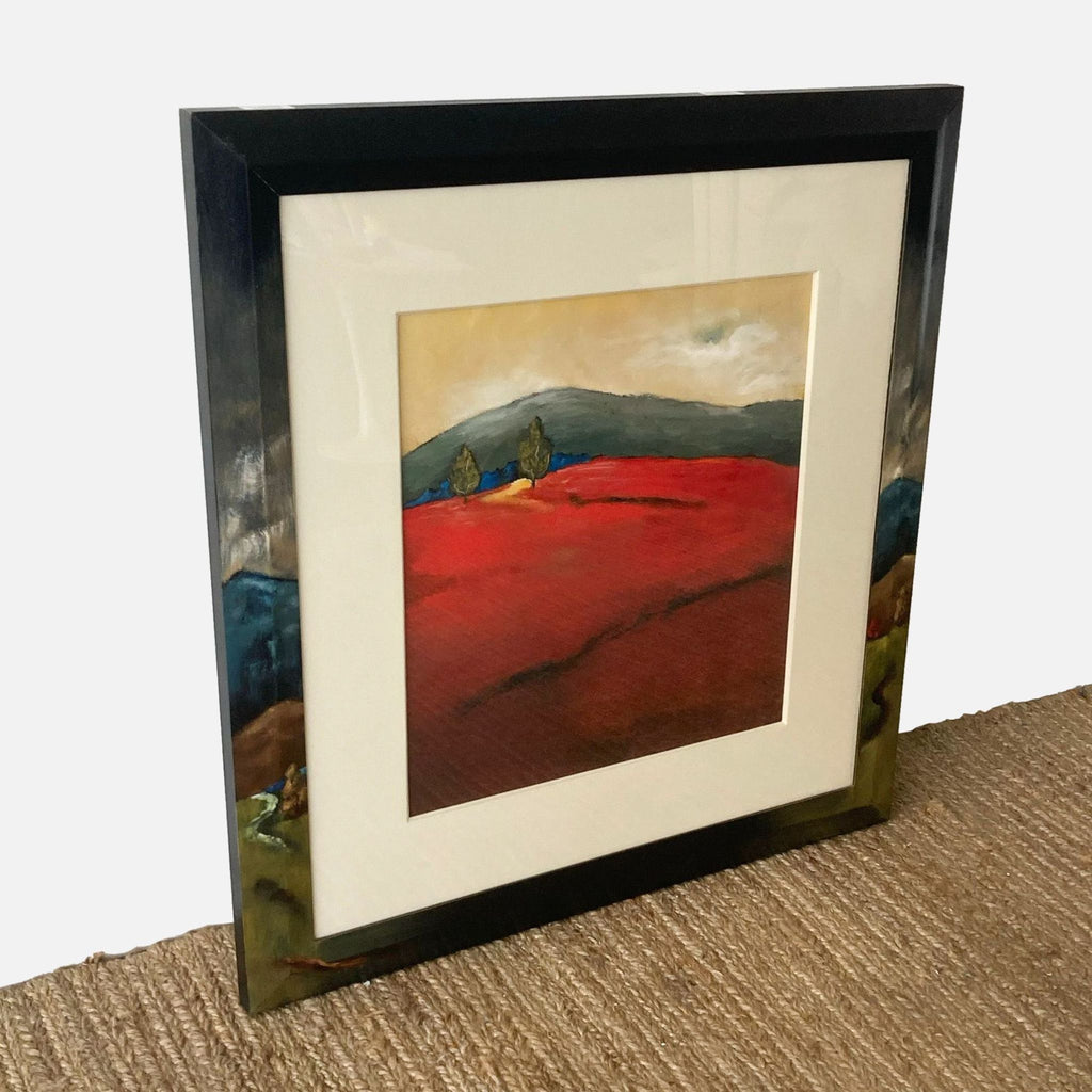Oil landscape with vibrant reds and greens, framed by Emanuel Mattini at Dolphin Galleries.